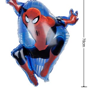 May include: A red and blue foil balloon shaped like Spiderman, with a blue background and white stripes. The balloon is 78 cm tall and 66 cm wide.