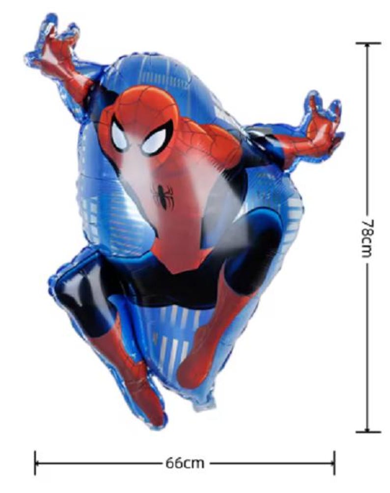 May include: A red and blue foil balloon shaped like Spiderman, with a blue background and white stripes. The balloon is 78 cm tall and 66 cm wide.