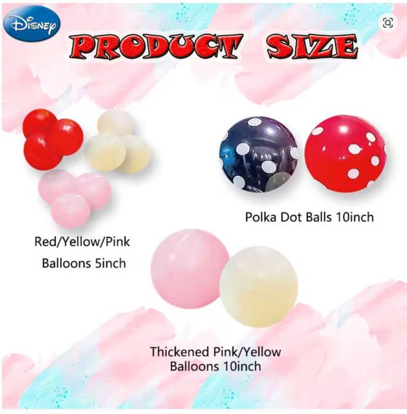 Może przedstawiać: Tabela rozmiar&oacute;w produkt&oacute;w z brandingiem Disney i r&oacute;żnymi balonami. Zawiera czerwone, ż&oacute;łte i r&oacute;żowe balony 5-calowe, 10-calowe balony w kropki w ciemnych i czerwonych kolorach oraz 10-calowe pogrubione r&oacute;żowe i ż&oacute;łte balony z etykietami tekstowymi.