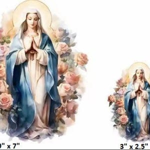 2 Iron On Transfer Patches 1 (9"x7" in)  1 (3"x2.5") Christian Mary of Virgin Washable Print-On Heat Transfer For Clothes  Applications t1pv