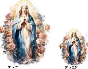 2 parches termoadhesivos (1 de 23 x 18 cm) y 1 de 7,6 x 6,35 cm, con la Virgen María Cristiana, lavables, para ropa (t1pv)