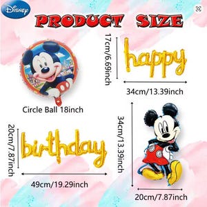 Może przedstawiać: Zestaw balon&oacute;w Disney Mickey Mouse zawierający okrągły balon 18-calowy, balon z pełną postacią Myszki Miki oraz złote litery foliowe tworzące napis happy birthday. Wymiary każdego elementu podano w centymetrach i calach.