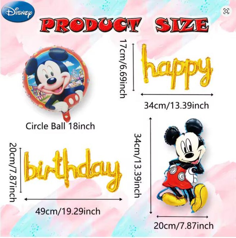 Może przedstawiać: Zestaw balon&oacute;w Disney Mickey Mouse zawierający okrągły balon 18-calowy, balon z pełną postacią Myszki Miki oraz złote litery foliowe tworzące napis happy birthday. Wymiary każdego elementu podano w centymetrach i calach.