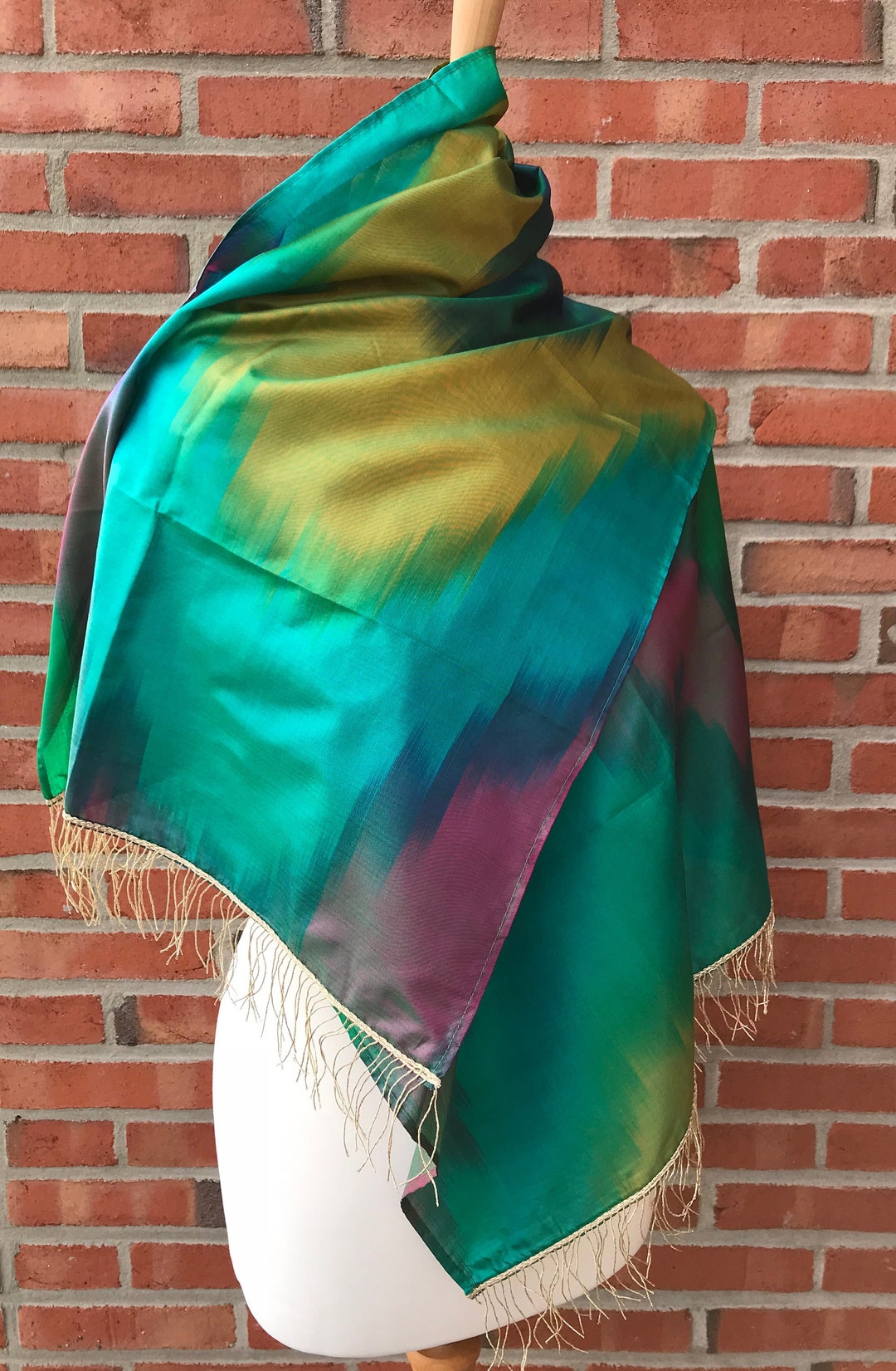 Green Silk Taffeta Shawl Silvery Fringe Wrap Scarf Etsy