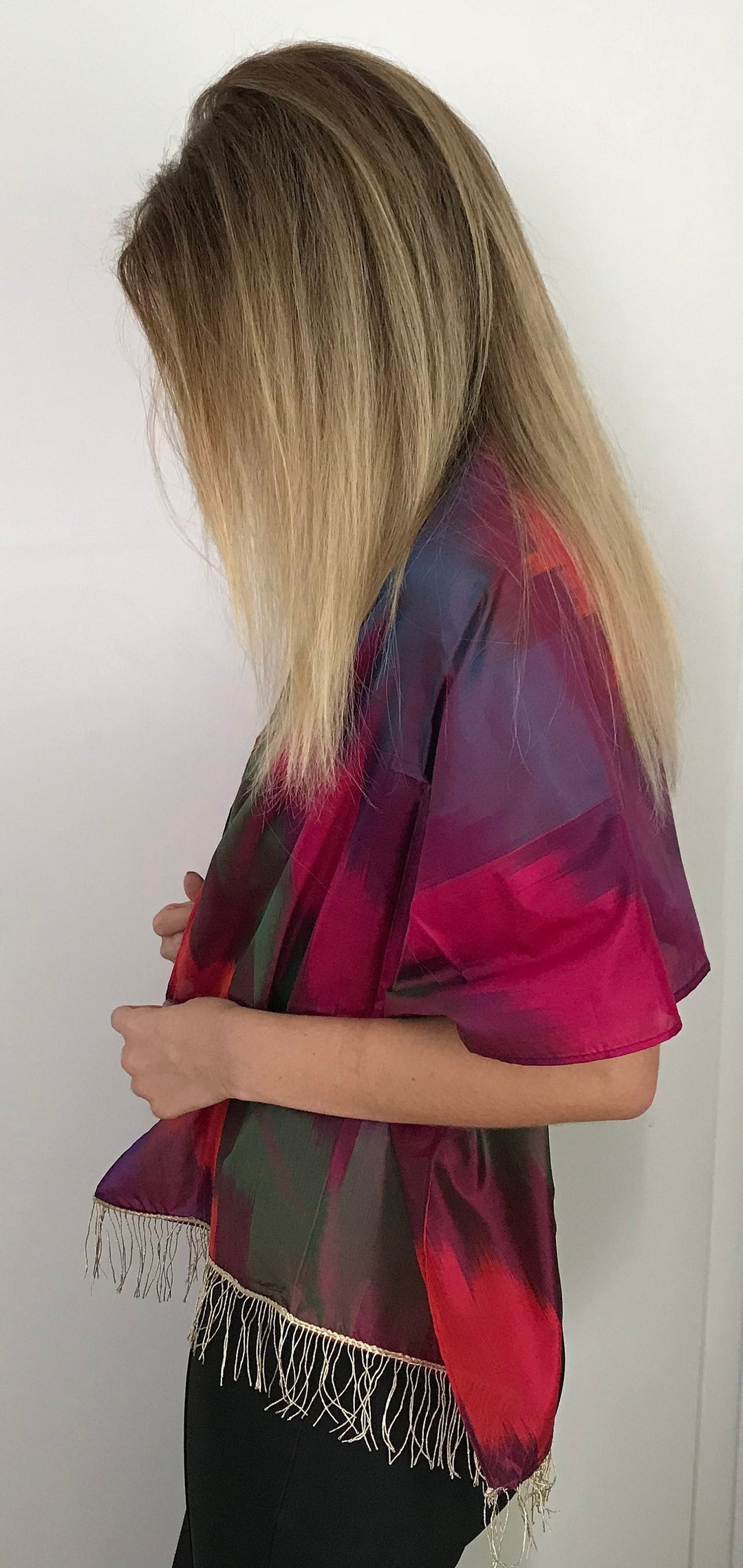 Silk Taffeta Shawl, Fringe Scarf, Wrap, Scarf, Silvery, Pink, Patterned