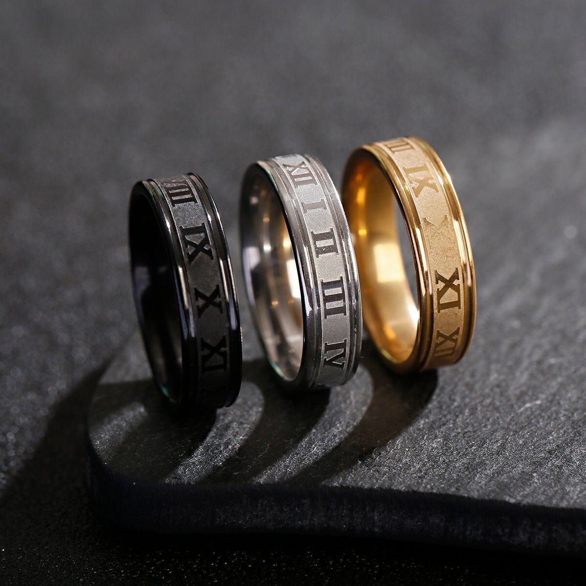 US Size 6-12 Fashion Roman Numerals Band Ring with Chain,Quality Blac…