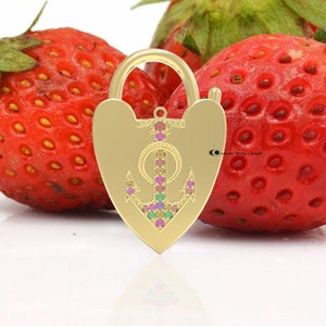 Gold Plated Heart Multi Gemstone Lock, Solid Heart Openable Padlock, Heart Arrow Shaped Lock, Heart Dainty Padlock, Connecter Heart Padlock