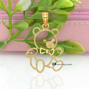 14k Gold Teddy Bear Pave Pendant Charm - 20MM