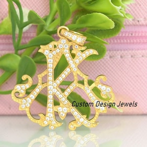 Diamond Monogram Pendant, Diamond Two Tone Monogram Necklace, 925 Silver Diamond Monogram Pendant, Pave Monogram Pendant, designer