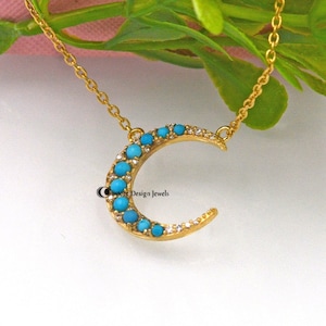 925 Silver Turquoise Half Moon Necklace, Blue Sapphire Half Moon Pendant, Turquoise Moon Pendant, Women Crescent Half Moon Pendant