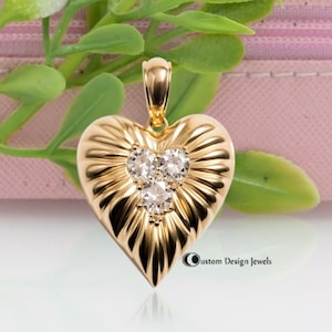14K Gold Puffed Heart Pendant: Moissanite Sunbeam Charm