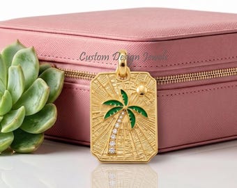 14K Gold Plated Enamel Palm Tree Pendant | 925 Sterling Silver Tropical Necklace | Textured Palm Tree Charm | Beach Jewelry Gift for Her
