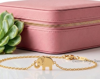 14K Gold Plated Elephant Bracelet | Elephant Charm Bracelet | Lucky Elephant Jewelry | Adjustable Animal Bracelet Gift for Her
