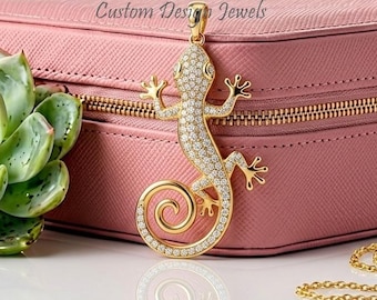 14K Gold Plated CZ Lizard Pendant | 925 Sterling Silver Gecko Charm | Reptile Jewelry Gift for Her | Animal Lover Pendant, Lizard Pendant