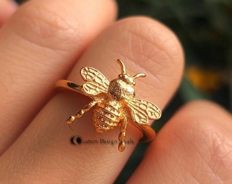 Anel de abelha banhado a ouro 14K: anel delicado de prata esterlina