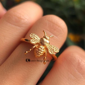 14K Gold Plated Honey Bee Ring: Sterling Silver Dainty Stacking Ring