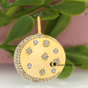 925 silver Vermeil Diamond Star Disc Pendant, Star Disc Pendant, Moon Disc Pendant, Star Moon Round Pendant, Star Pendant, Pave Moon Pendant