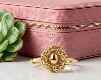 14K Gold Plated Nest Ring, Bird Nest Ring, 925 Sterling Silver Nest Ring, Nature Inspired Ring, Minimalist Stackable Ring, Gift for Her