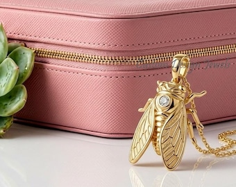 Cicada Pendant | 14K Gold Plated Sterling Silver CZ Pendant | Insect Jewelry | Nature Lover Gift | Handmade Necklace | CZ Cicada Pendant