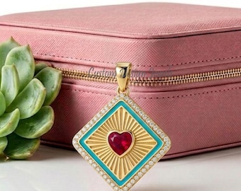 14K Gold Plated Scapular Pendant: Silver CZ Heart Charm