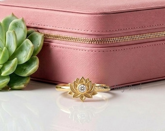 14K Gold CZ Lotus Ring | Lotus Flower Engagement Ring | Spiritual Jewelry | Boho Floral Ring | Nature Inspired Promise Ring | Gift for Her,