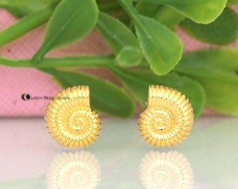 Gold Plated Ammonite Shell Stud Earrings: Handmade Silver Snail Jewelry