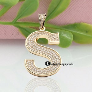 Colgante de iniciales de pavé personalizado de oro de 14 k, colgante de alfabeto de diamantes de pavé, colgante inicial de diamantes de hip hop, colgante de encanto de letra "S" inicial