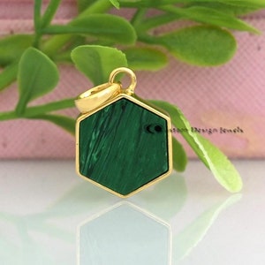 14K Gold Gemstone Hexagon Pendant, Gold Malachite Hexagon Pendant, 14K Malachite Pendant, Solid Gold Hexagon Charm, Gemstone Hexagon Pendant