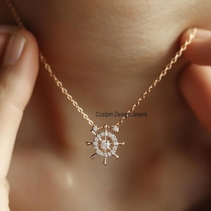 14K Gold Plated Steering Wheel Necklace: Gemstone Marine Charm