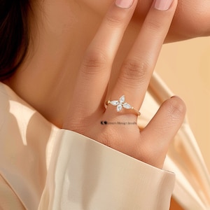 14K Gold Plated Floral CZ Ring: Sterling Silver Daisy Flower Promise Ring