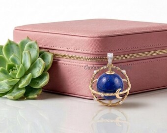 14K Gold Plated Gemstone ball Pendant, Galaxy Charm pendant, Gemstone Solar System pendant, Lapis Ball Planet Charm,  Gemstone Pendant