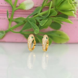 14K Gold Plated Diamond Snake Huggie Earrings, Emerald Eyes