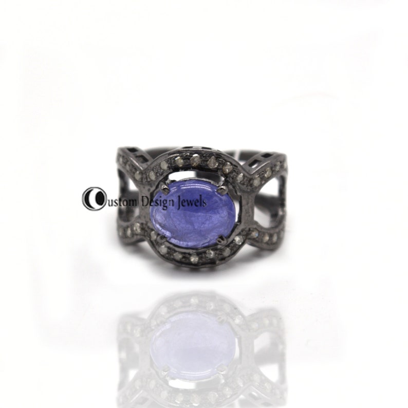 Gemstone Ring Jewelry Diamond Ring Vintage pave diamond Baguettes and Tanzanite gemstone rings Pave Diamond Ring 925 Silver Ring Jewelry