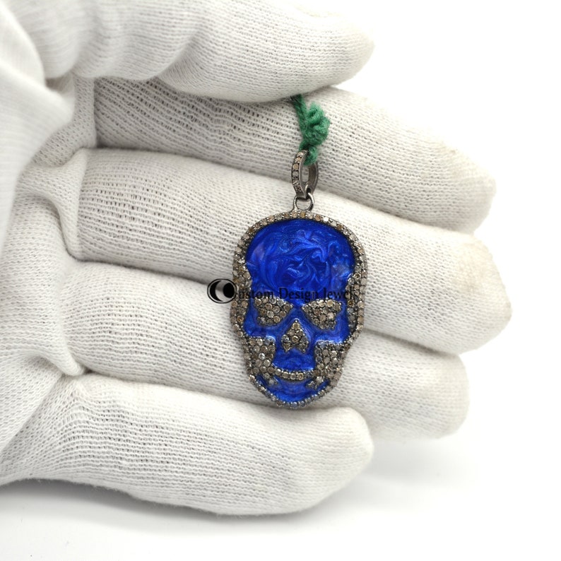 Sterling Silver Blue Enamel Skull Design Pendnat jewlery Pave Diamond Pendant 925 Pave Diamond