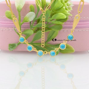 14K Solid Yellow Gold Turquoise Necklace, Turquoise Station Necklace, Bezel Set Beaded Turquoise Necklace, Womens Necklace, Gemstone