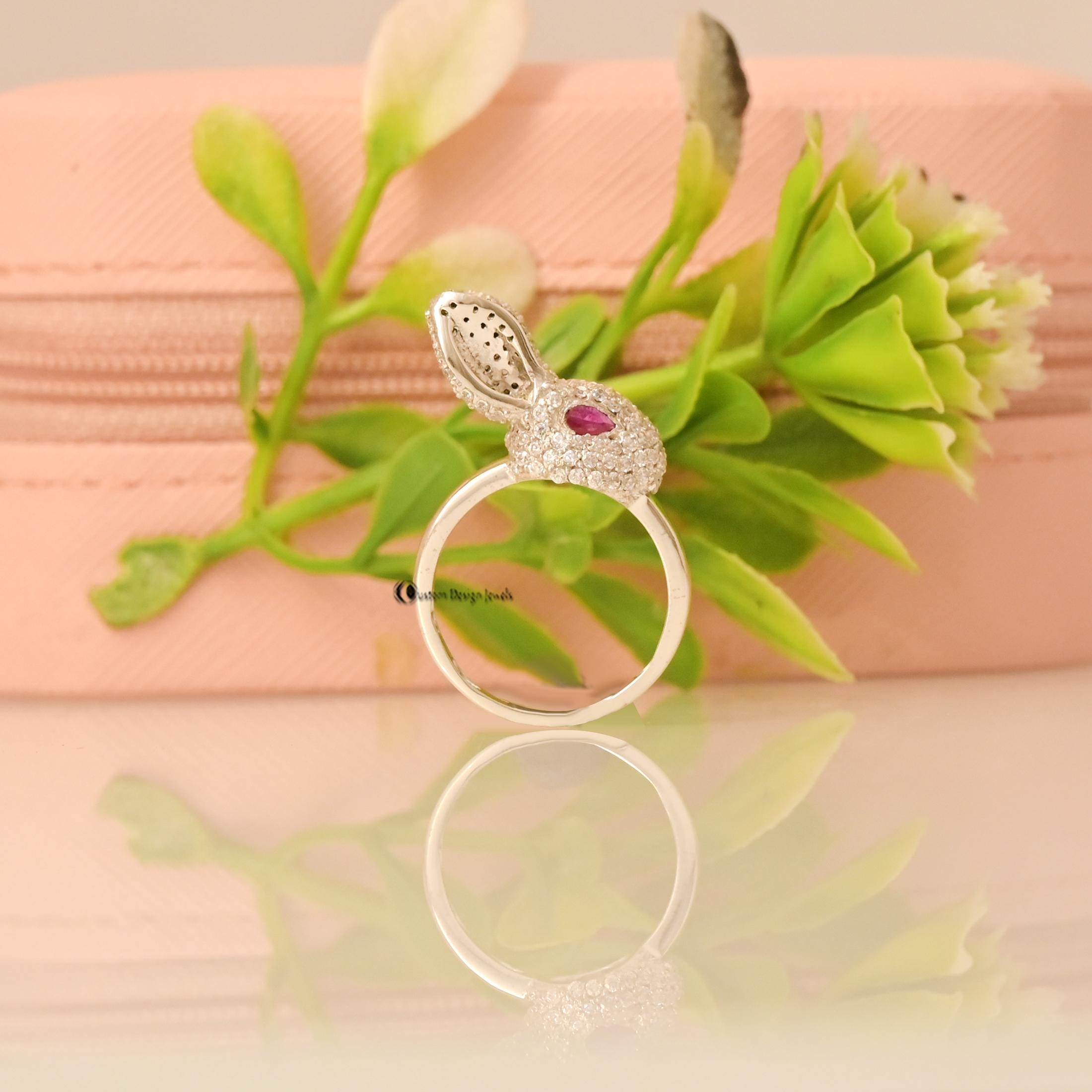 Silver Diamond Rabbit Ring: Ruby Eyes, Stacking Bunny Ring - Etsy