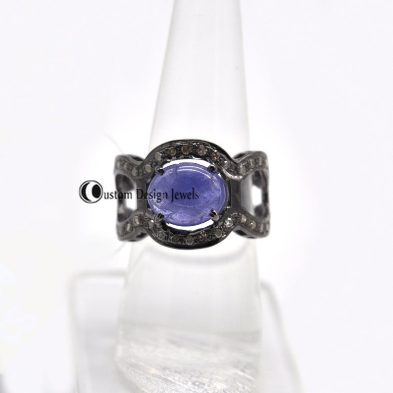 Gemstone Ring Jewelry Diamond Ring Vintage pave diamond Baguettes and Tanzanite gemstone rings Pave Diamond Ring 925 Silver Ring Jewelry