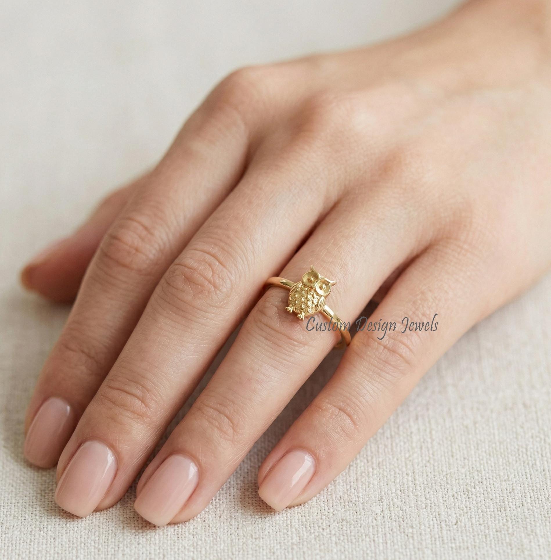 Minimalist Owl Ring in 14K Yellow Gold Plated&ndash; Handmade Bird-Inspired Fine Jewelry, Unique Lov