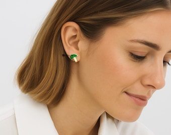 14K Gold Plated Mushroom Stud Earrings, Green Enamel, 925 Silver
