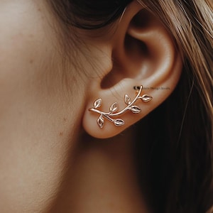 Gold Leaf Ear Climber Studs: Sterling Silver Earrings