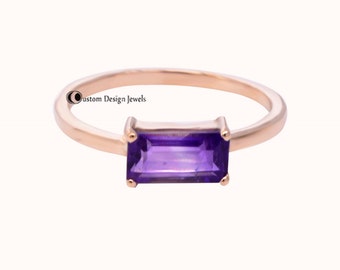 925 Silver Amethyst Baguette Ring, Natural Amethyst Baguette Ring, Dainty, Gold Plated Baguette Amethyst Ring, Amethyst Ring