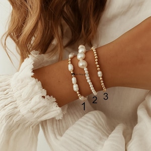 14K Gold Plated Pearl Bracelet, Dainty Bead Bracelet