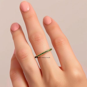 14K Gold Plated Emerald Eternity Ring - Dainty Stacking Band