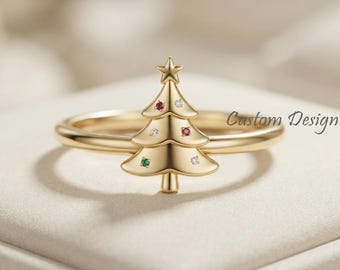 14K kerstboomring, vergulde kerstboomring, kerstsieraad, feestelijke statementring, kerstcadeau voor haar, kleurrijke kerstring