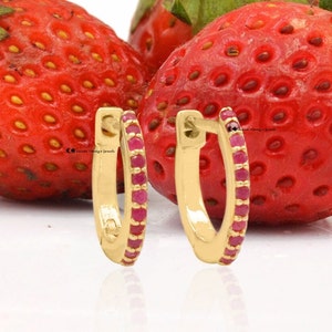 14K Gold Ruby Hoop Earrings, Solid Gold Pave Huggies Earrings, Handmade Gemstone Huggies, Dainty Gemstone Huggies, Tiny Diamond Hoop Earring
