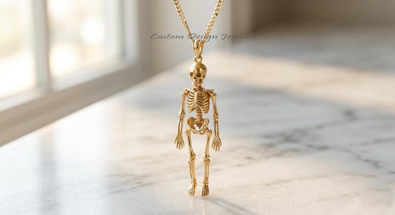 14K Gold Plated Skeleton Pendant Necklace, Gothic Skull Jewelry, Dark Aesthetic Charm, Edgy Statement Necklace Gift for Women & Men,