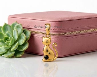 14K Gold Plated Sitting Cat Pendant Necklace, 925 Sterling Silver Cat Charm, Cat Lover Jewelry, Minimalist Cat Gift for Her