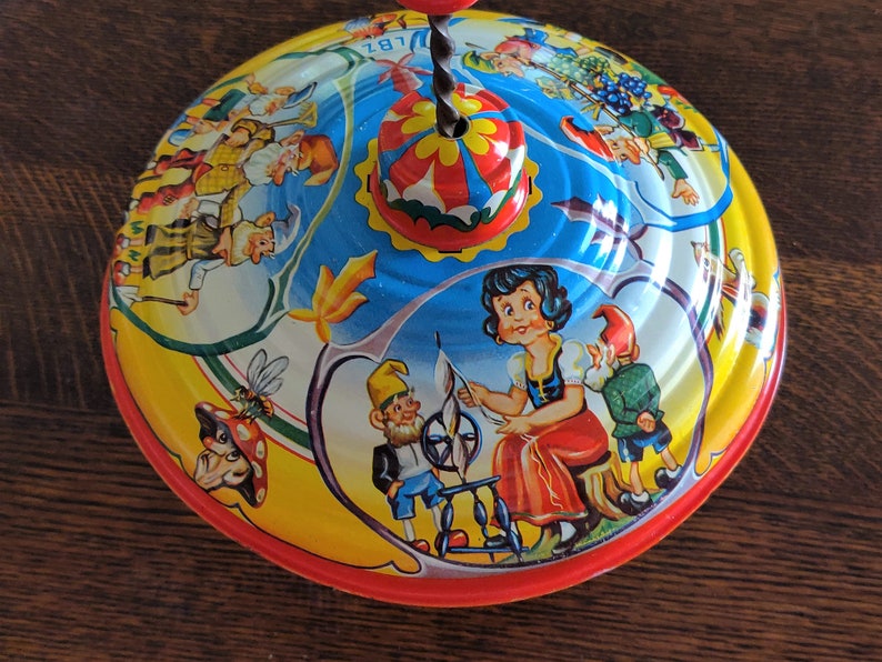 Vintage 1950s LBZ West Germany Spinning Top, Tinlitho With Wood Handle