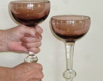 Set of 2 Rare Vintage 1970s TWO FISTED Amethyst crystal Cocktail glasses Martini Madmen 8oz 11" MCM Original boxes, labels and receipt