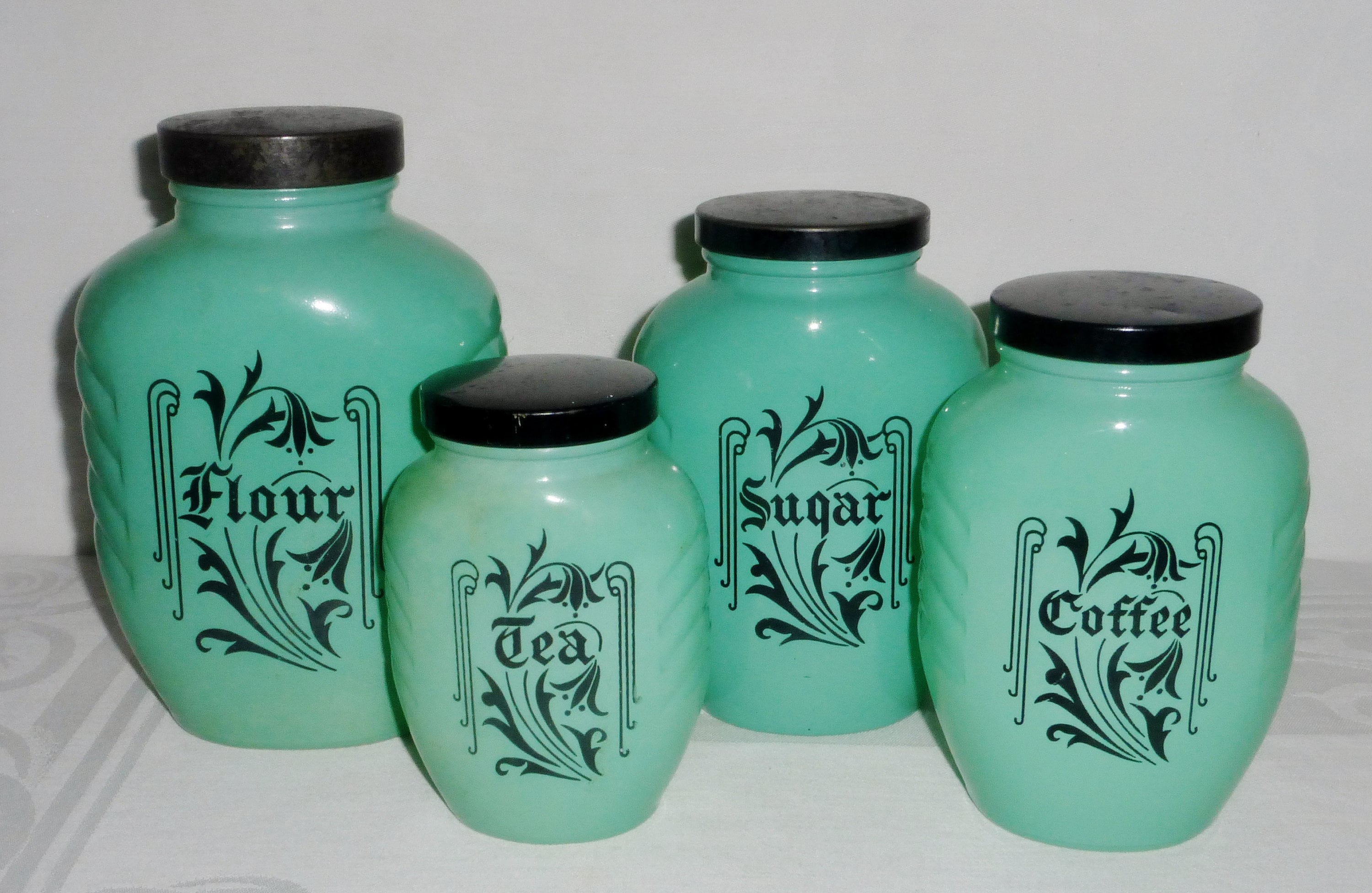 4 Pc Rare Hazel Atlas Fired on Jadeite Canisters Set Flour Sugar